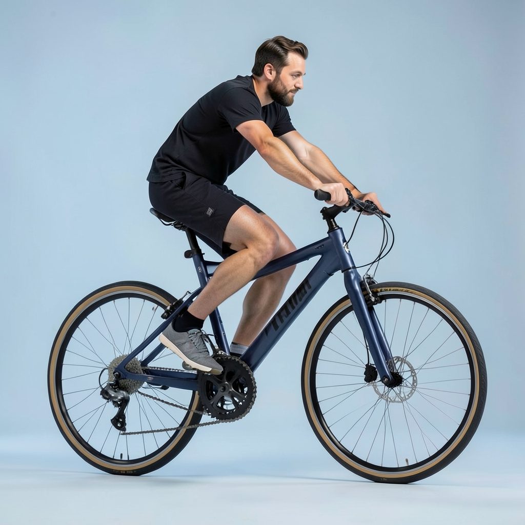 Minimalist illustration of an air-propelled bicycle concept in navy blue with green accent lines, clean and modern mood